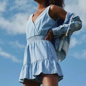 Love Tree Sky Blue Tencel Smocked Waist Ruffled Romper